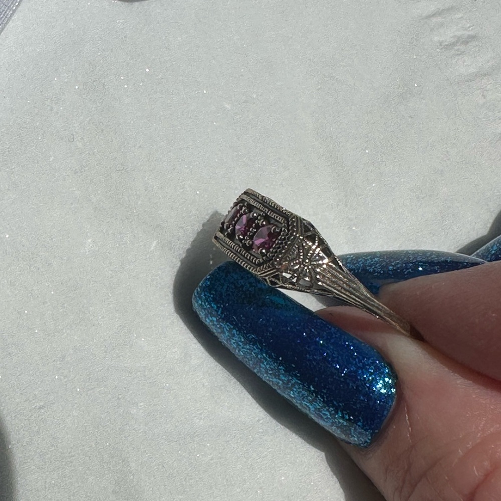 Sterling Silver ruby Three-Stone Ring with antiquing - Picture 9 of 16